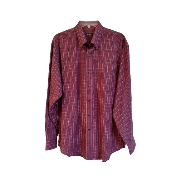 VAN HEUSEN, MENS, LONG SLEEVE OXFORD SHIRT. RED WITH NAVY PLAID, SIZE 15-15 1/2 - Picture 1 of 3